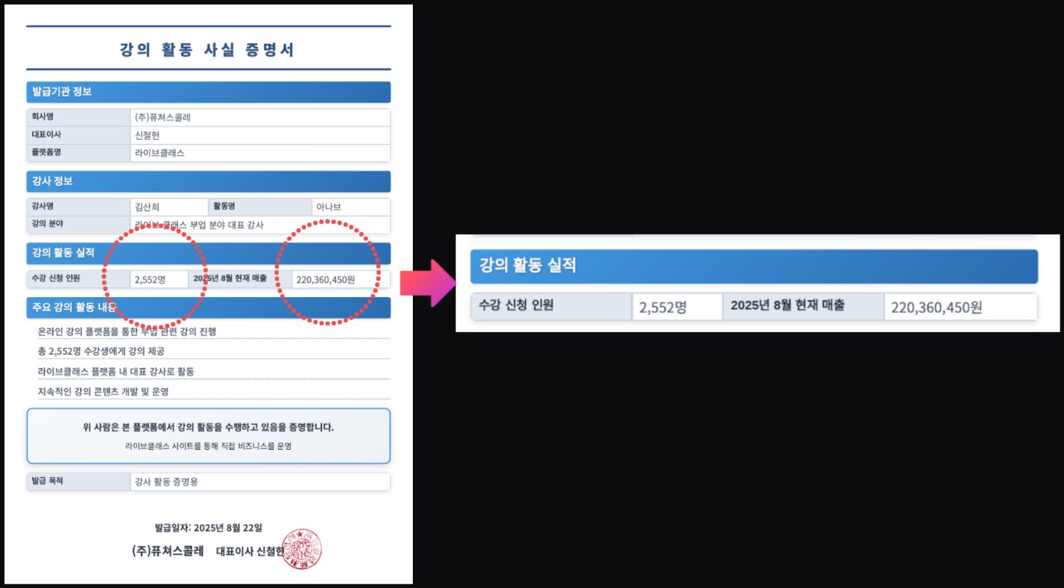 강의활동 사실 증명서 · 라이브클래스